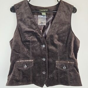 EDDIE BAUER Brown Velvet Suede Sleeveless Button Up Vest Women‎ Sz 10.E155